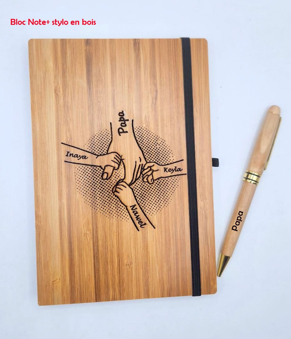 Bloc note en bois + stylo personnalisables